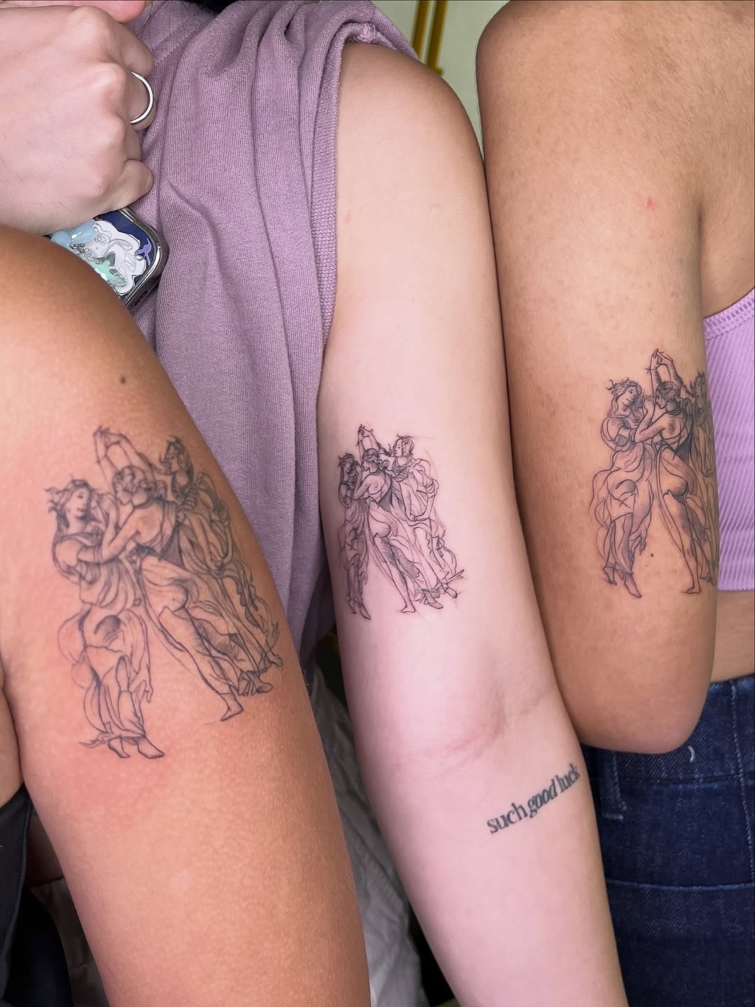 Three Graces matching tattoos in fine line style